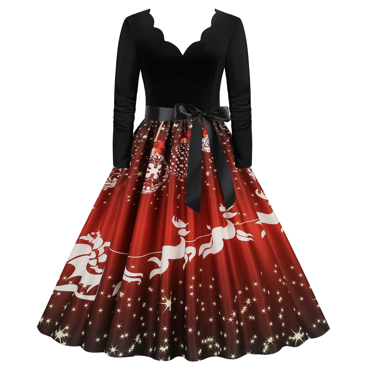 V-neck Long Sleeve Stitching Printing Retro Wide Hem Skirt