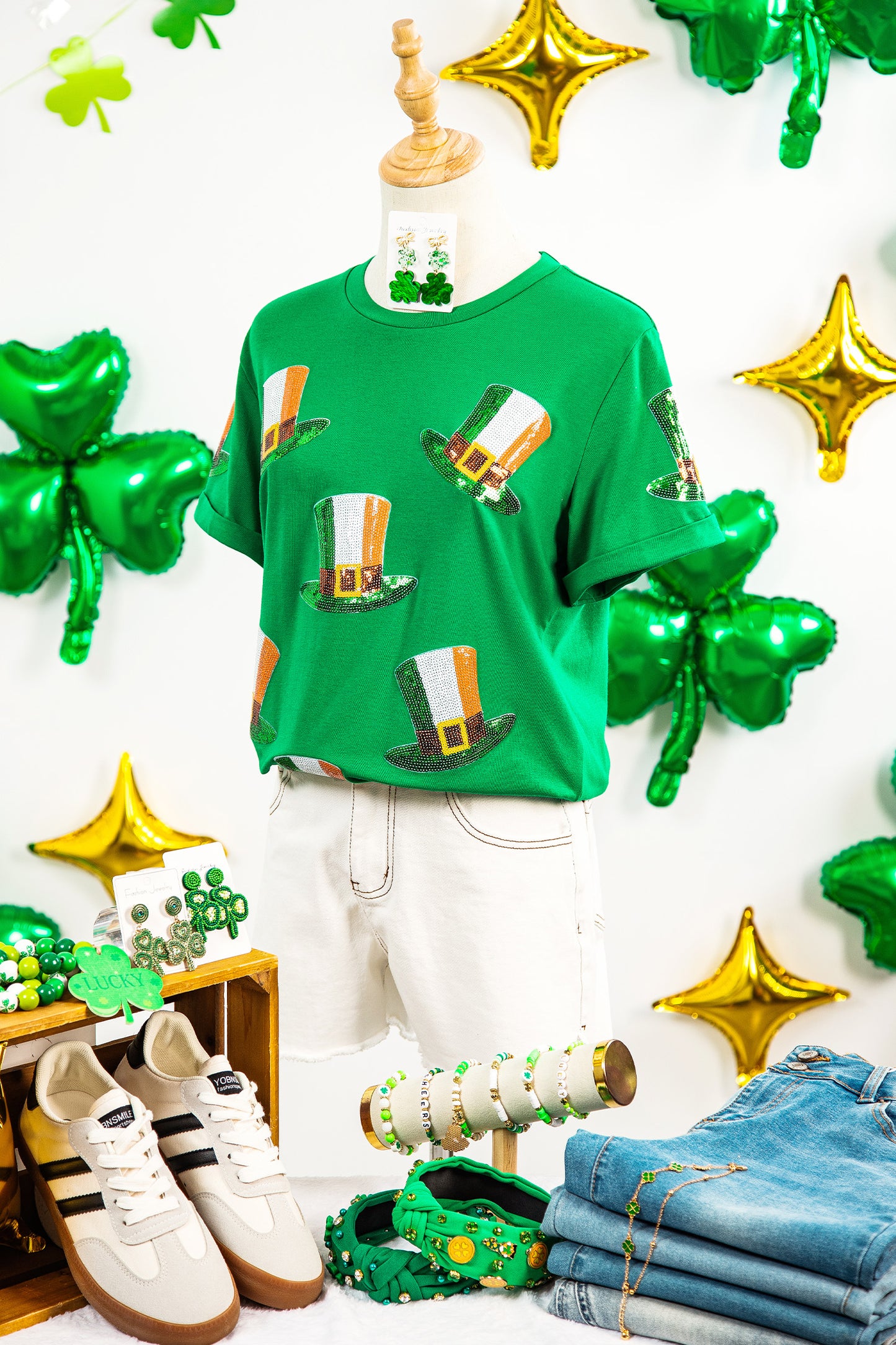 Bright Green Sequin St Patricks Day Hat Relaxed T Shirt