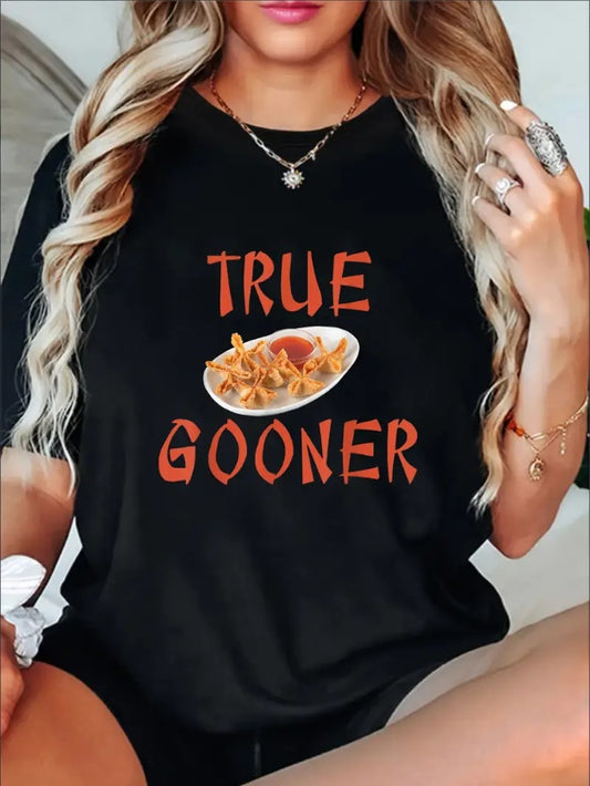 True Gooner Print Tee, Casual Short Sleeve Crew Neck T-shirt, Women'S Clothing