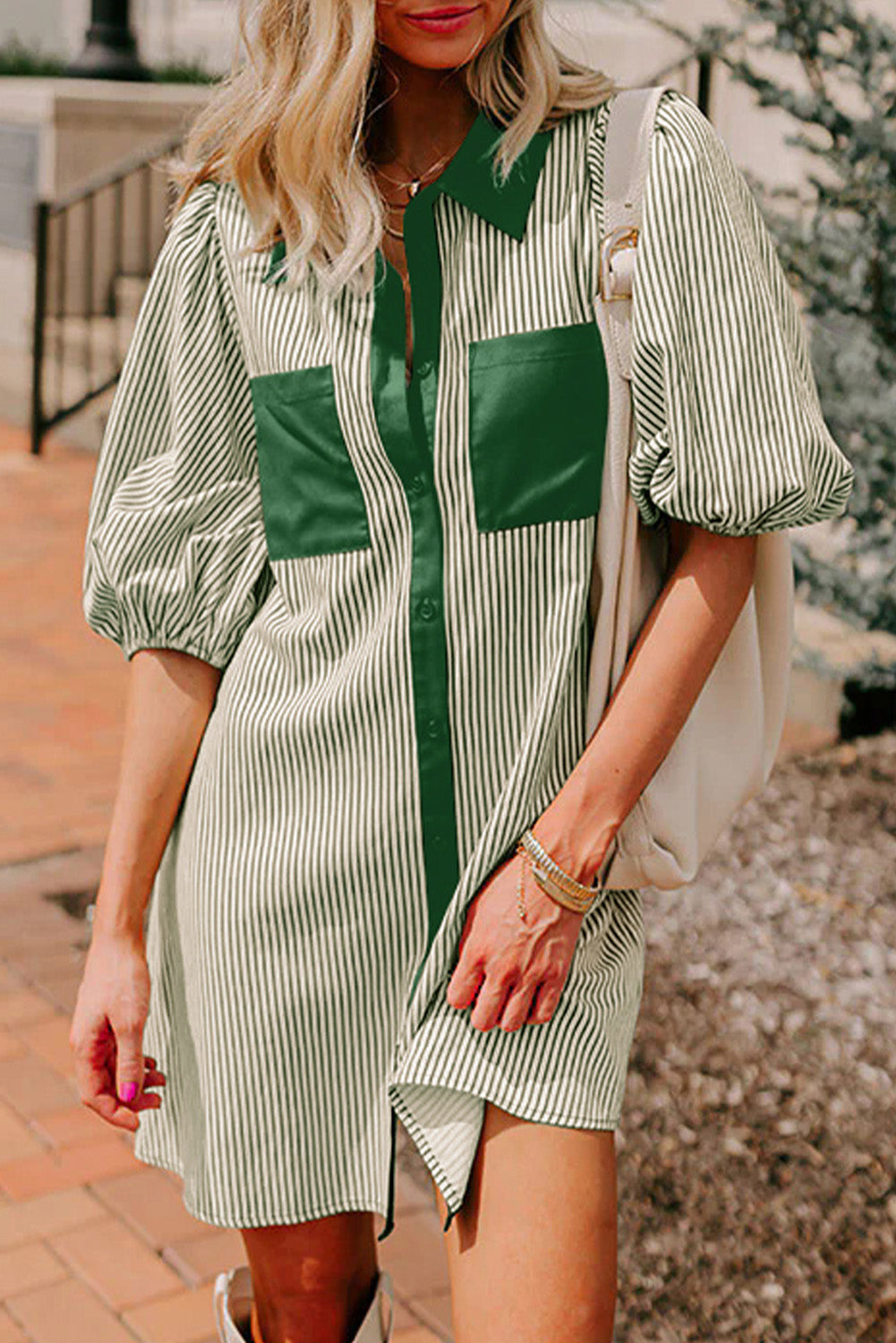Sky Blue Stripe Color Block Patchwork Shirt Collar Button Down Puff Sleeve Mini Dress