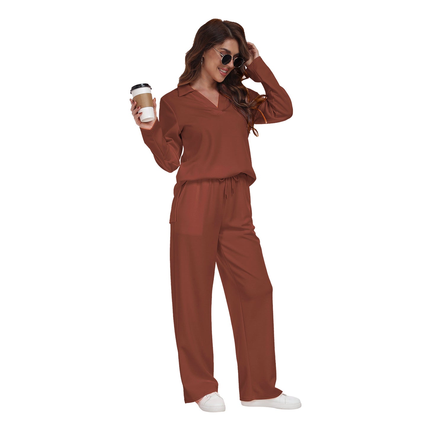 RONGTAI 2 Piece Outfits Sweatsuit For Women Casual Long Sleeve V Neck Pullover Tracksuit Solid Soft Comfy Tracksuits Set