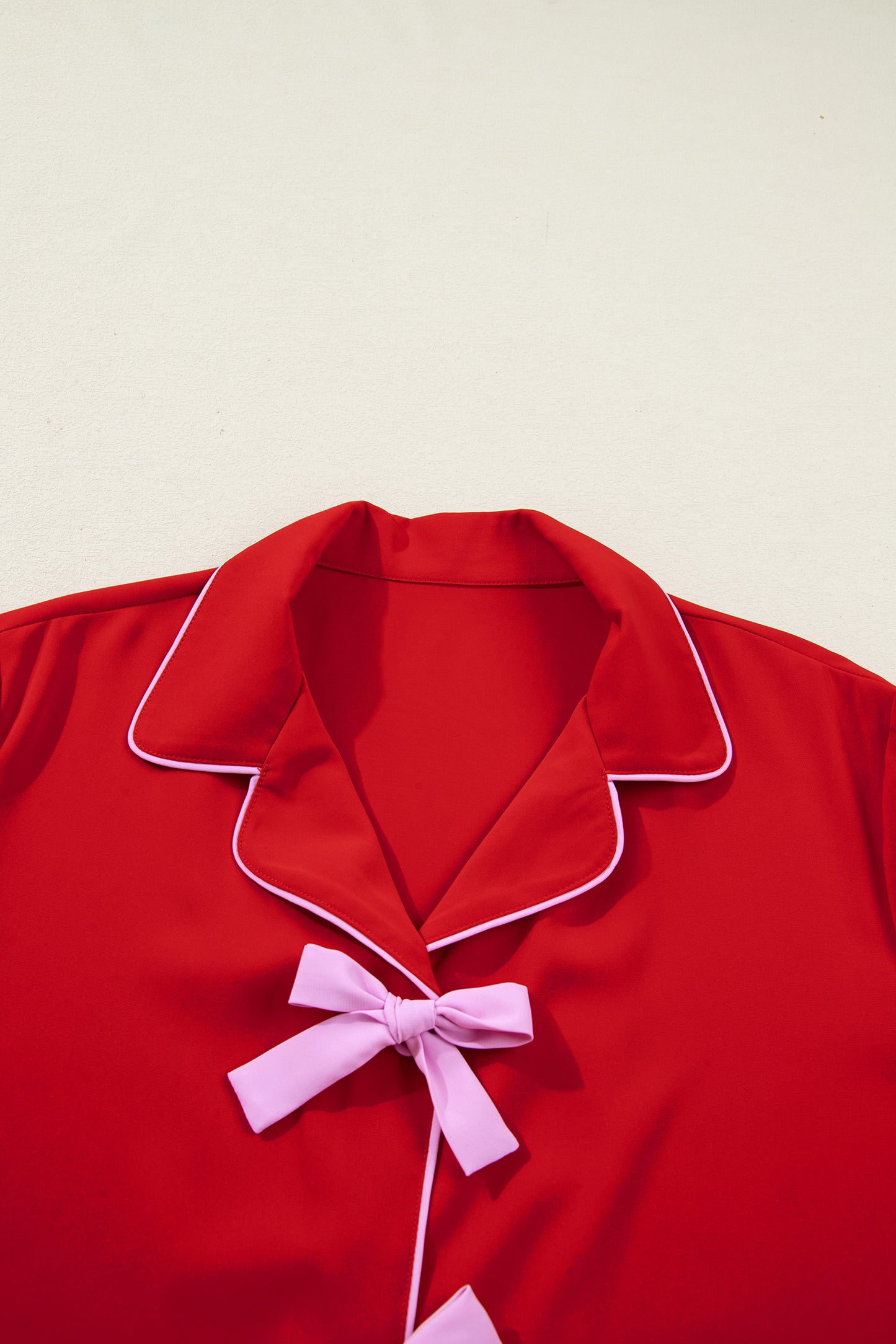 Fiery Red Contrast Trim Ribbon Bow Short Silky 2pcs Pajama Set