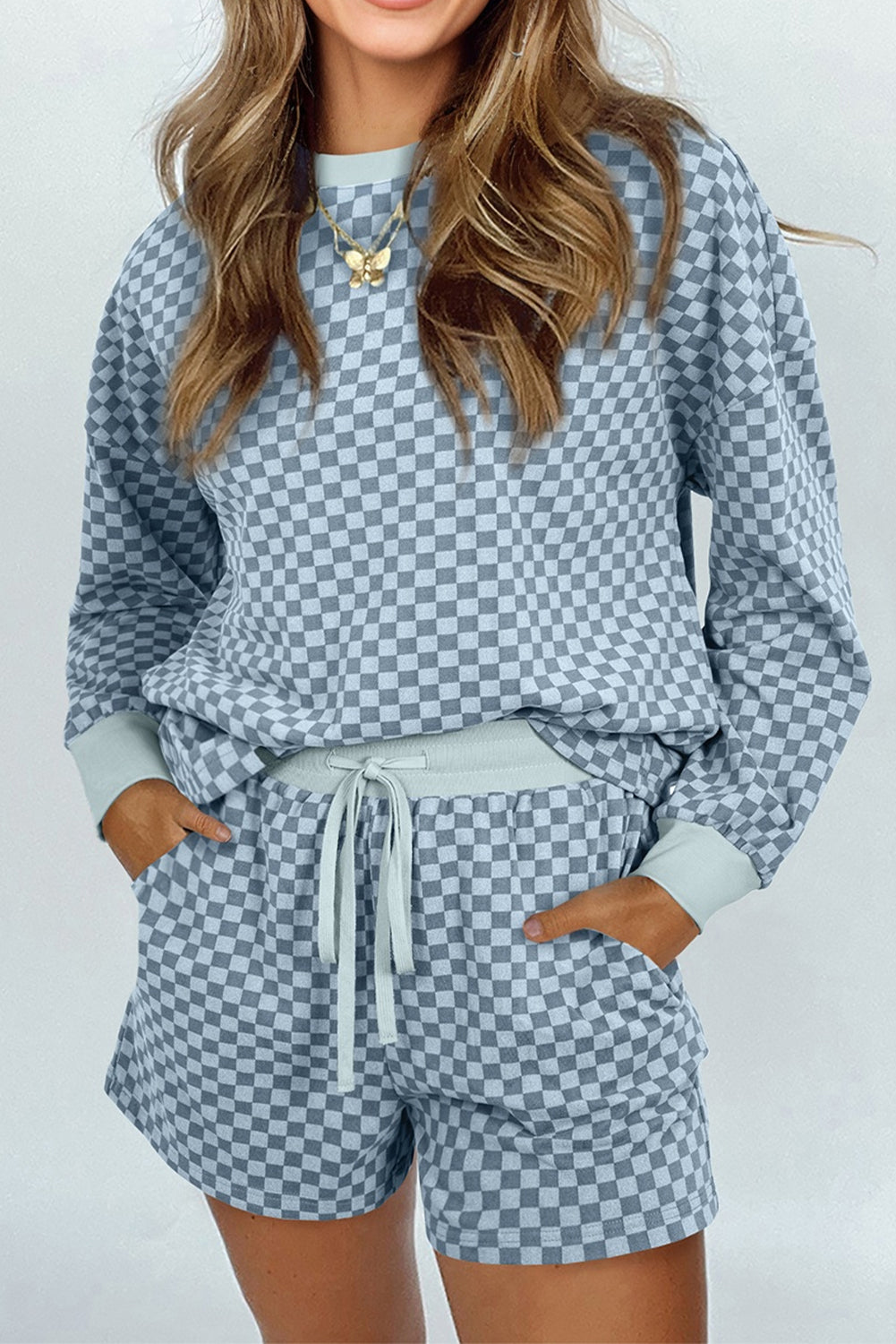 Sky Blue Checkerboard Long Sleeve Pullover and Shorts Set
