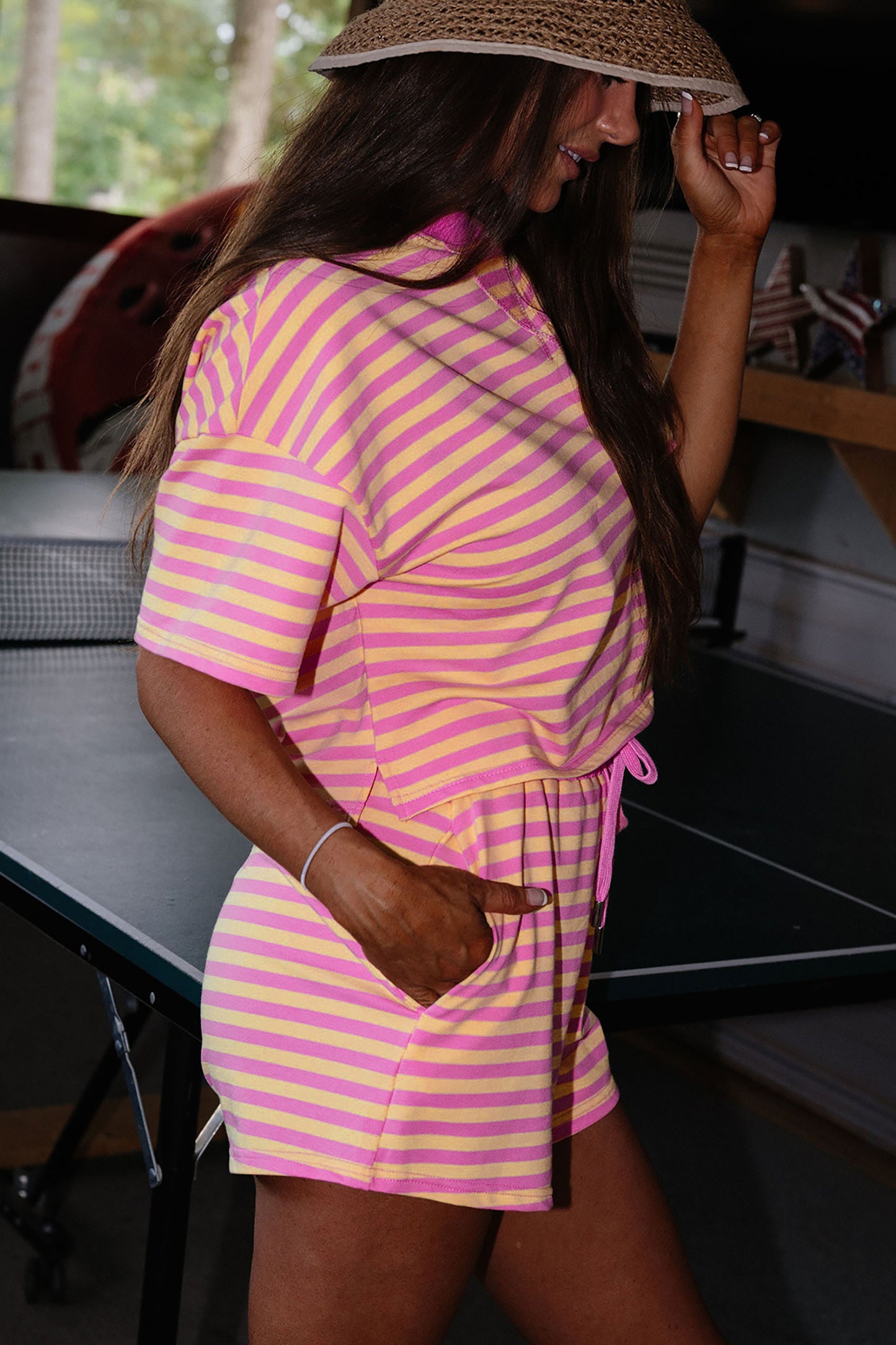 Rose Stripe Drop Shoulder Boxy Casual Terry Short Set