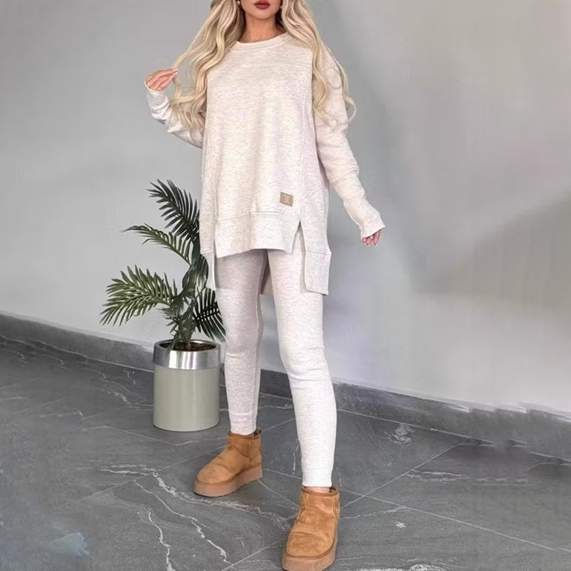 Women's 2-Piece Lounge Set, Casual Long Sleeve Side Slit Sweatshirt Outfit With Stretchy High Waist Leggings
