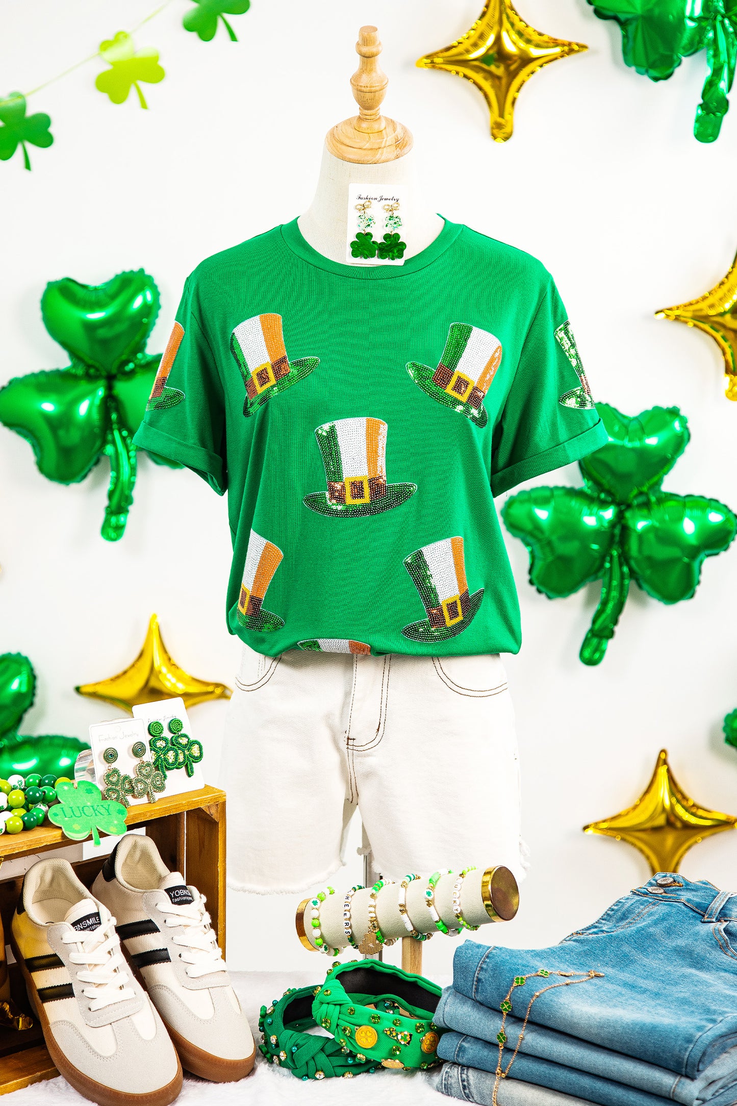 Bright Green Sequin St Patricks Day Hat Relaxed T Shirt