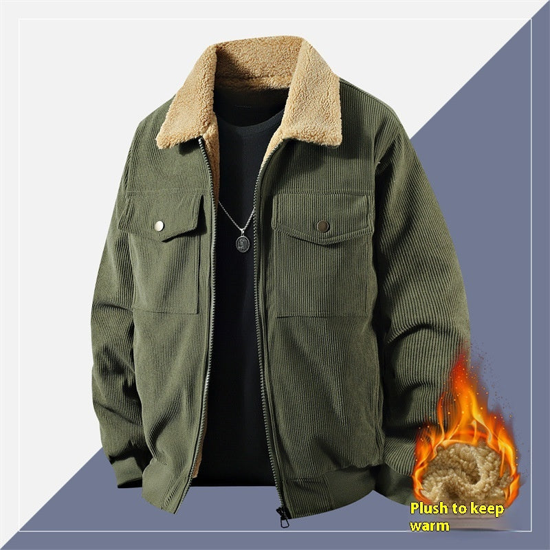 Fleece Corduroy Cotton Coat Jacket Men's Loose Casual Polo Collar Coat