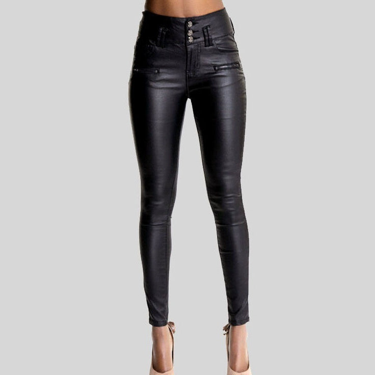 High Waist 3-button Slim-fit Leather Skinny Pants