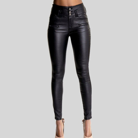 High Waist 3-button Slim-fit Leather Skinny Pants