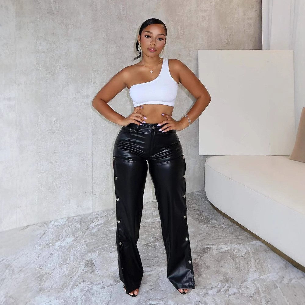 Fashion Sexy High Waist Slimming And Straight Hollow Leather Pants