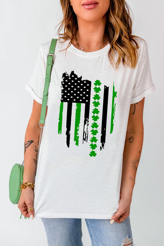 White St. Patricks Clover American Flag Print Crewneck Tee