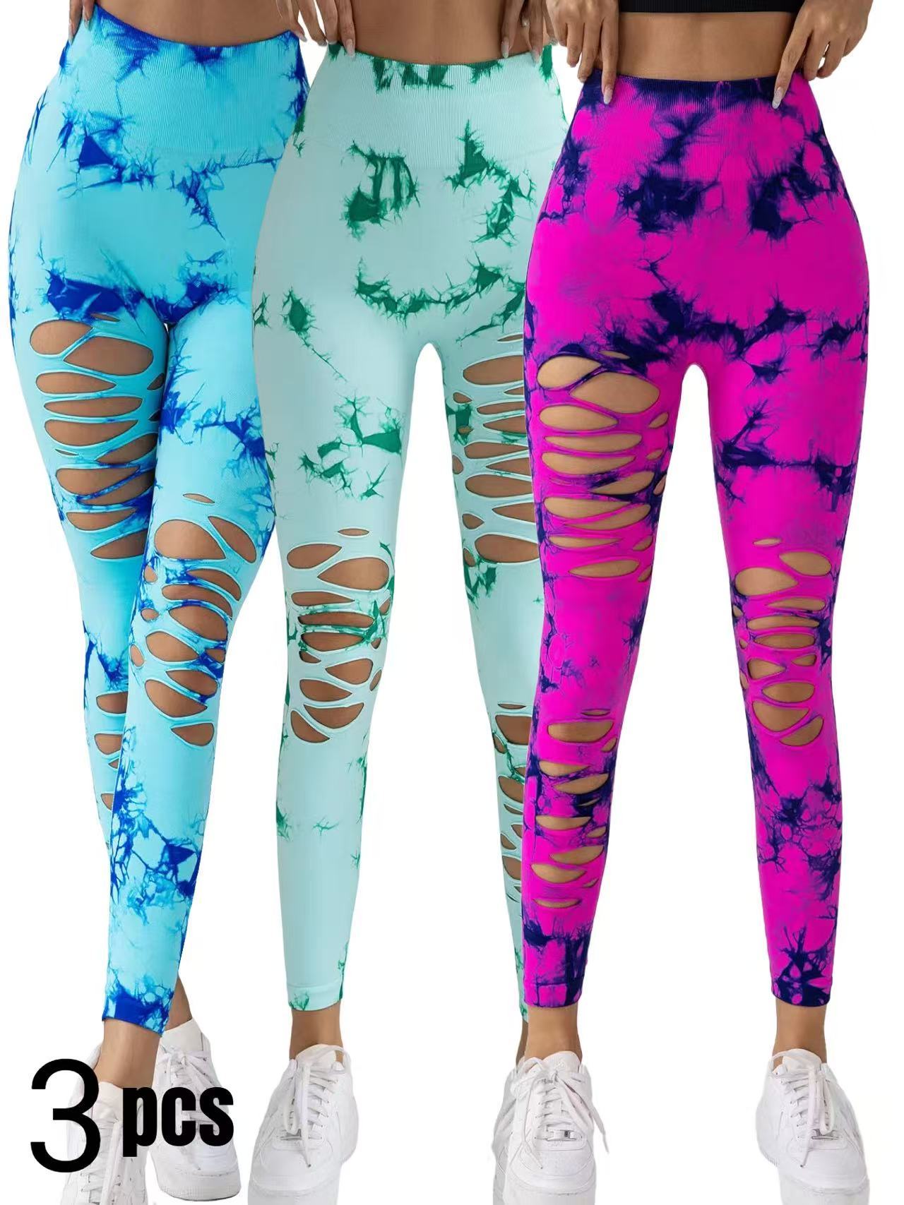 3 Pack New Style Hollow-Out Tie-Dye High-Waisted Tummy-Control Yoga Pants