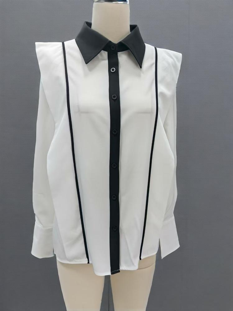Women's Black & White Colorblock Button Down Shirt, Elegant Long Sleeve Collared Blouse, Office Work Tops