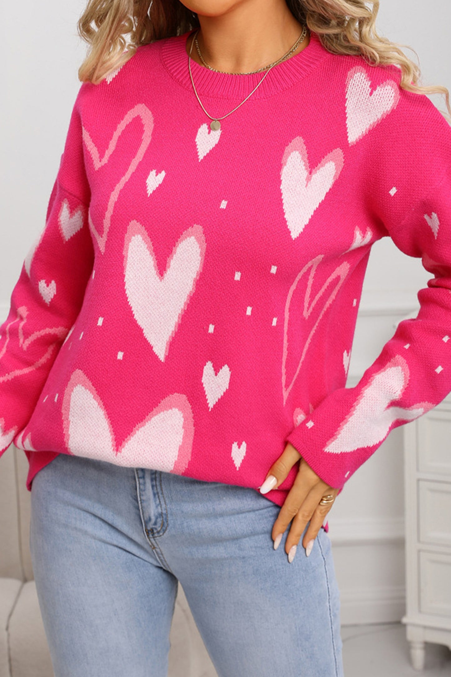 Rose Red Splendid Heart Print Sweater
