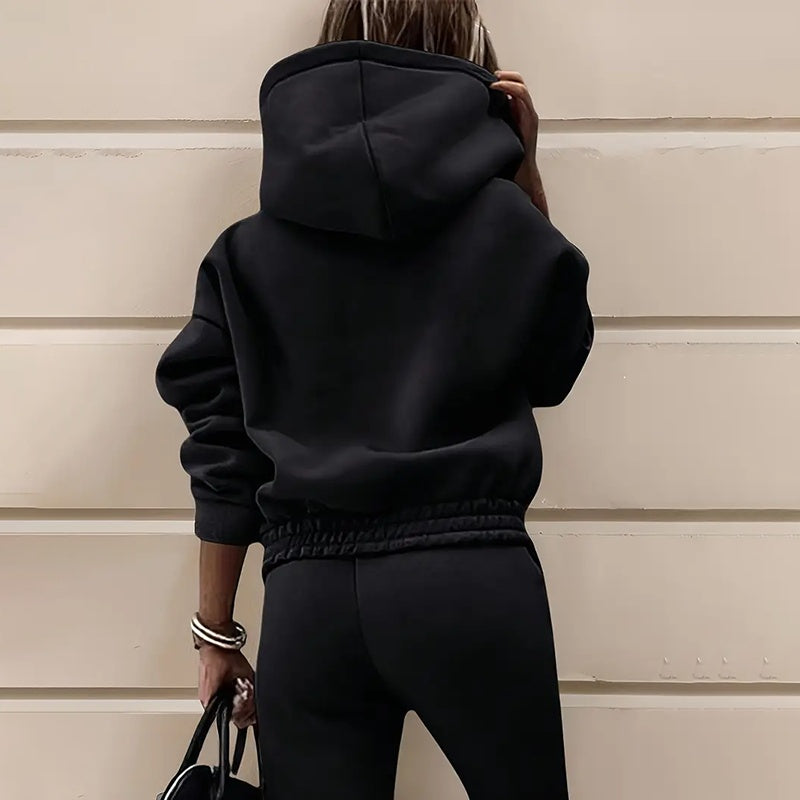Women's Casual 2-Piece Tracksuit, Solid Color Hooded Sweatshirt And Slim Fit Jogger Pants For Autumn And Winter