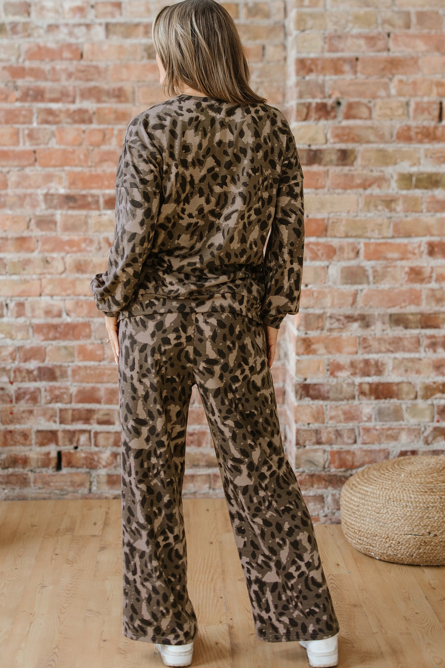 Brown Leopard Print Raw Seam Patchwork Pullover Drawstring Loose Pant Set