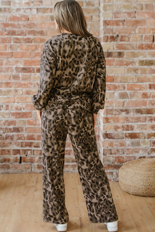 Brown Leopard Print Raw Seam Patchwork Pullover Drawstring Loose Pant Set