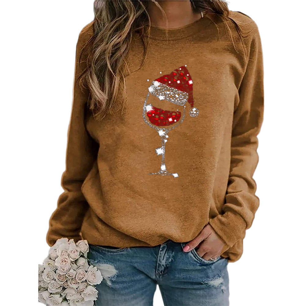Clothing Christmas Women's Sweater Christmas Hat Red Wine Glass Graphic Print Crew Neck Long-sleeved Sweater