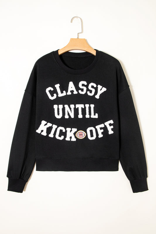 Black CLASSY UNTIL KICKOFF Plush Letter Patched Loose Sweatshirt