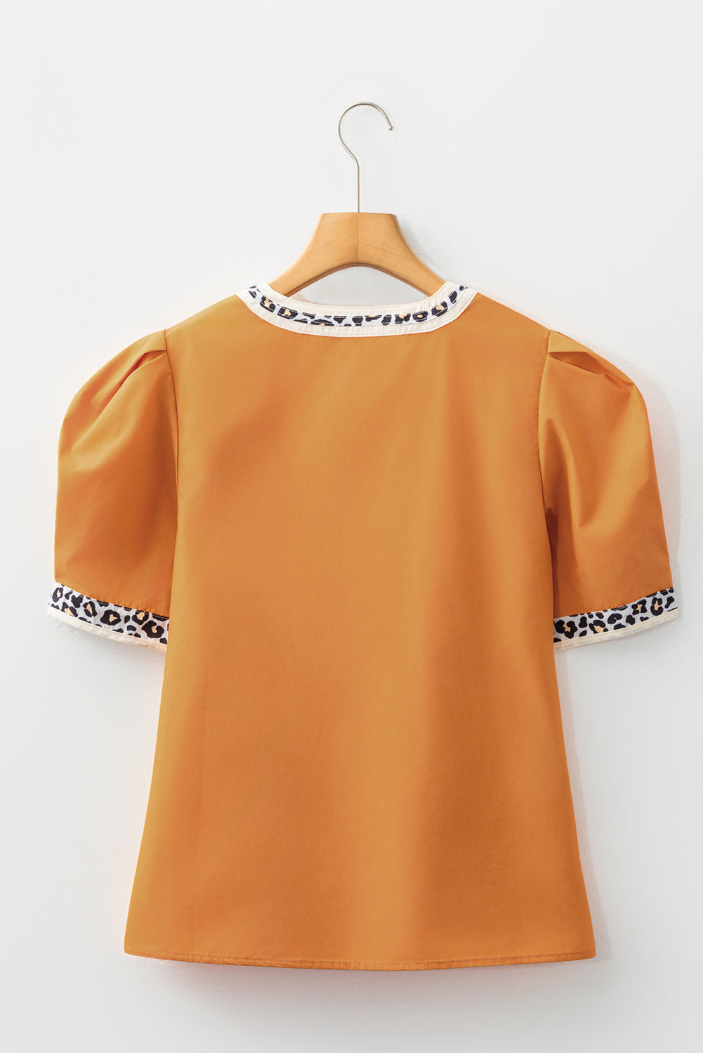 Buckskin Contrast Leopard Trim Split Neck Puff Sleeve Blouse