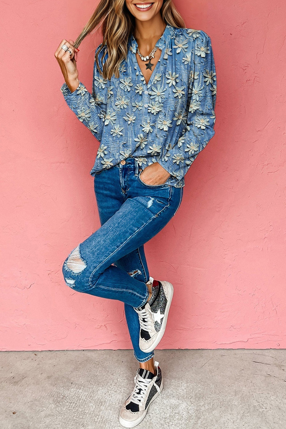 Sky Blue Fall Floral Half Placket Collared V Neck Blouse