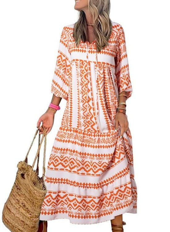 Geometric Print Puff Sleeve Dress Plus Size Women's Clothing