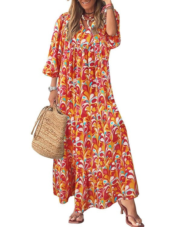 Geometric Print Puff Sleeve Dress Plus Size Women's Clothing