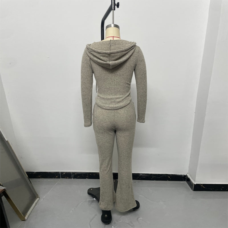 Women's Solid Color 2-Piece Set Hooded Belted Jacket With Pockets & Flare Leg Pant Suit For Spring And Fall