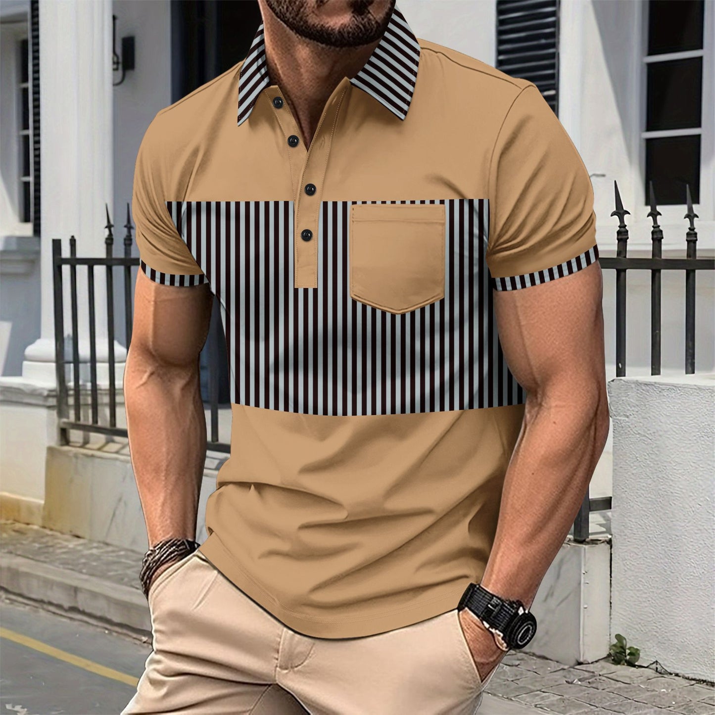 Men's Casual Placket Polo Collar Stripes Color Matching Stitching T-shirt