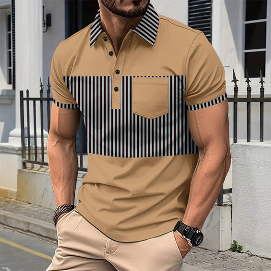 Men's Casual Placket Polo Collar Stripes Color Matching Stitching T-shirt