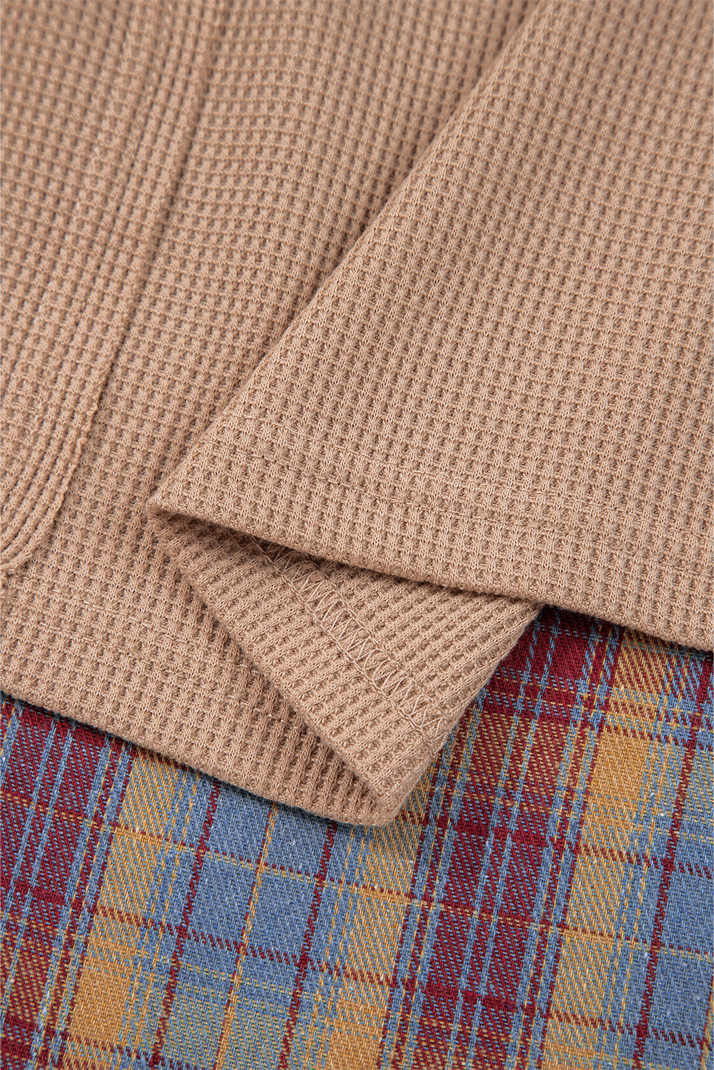 Straw Yellow Waffle Stripe Plaid Patchwork Henley Knit Top