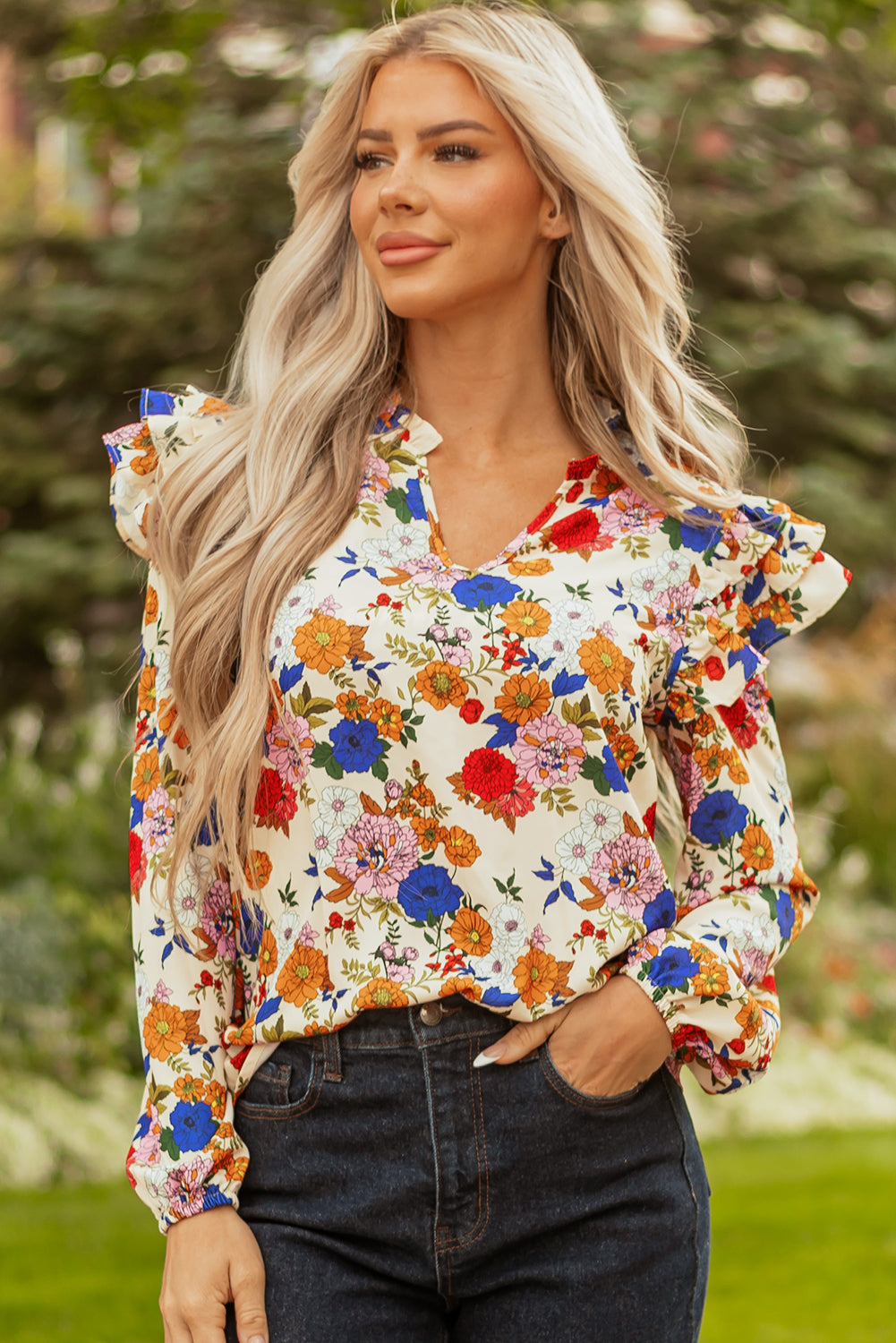 Apricot Ruffled Shoulder Long Sleeve Floral Blouse