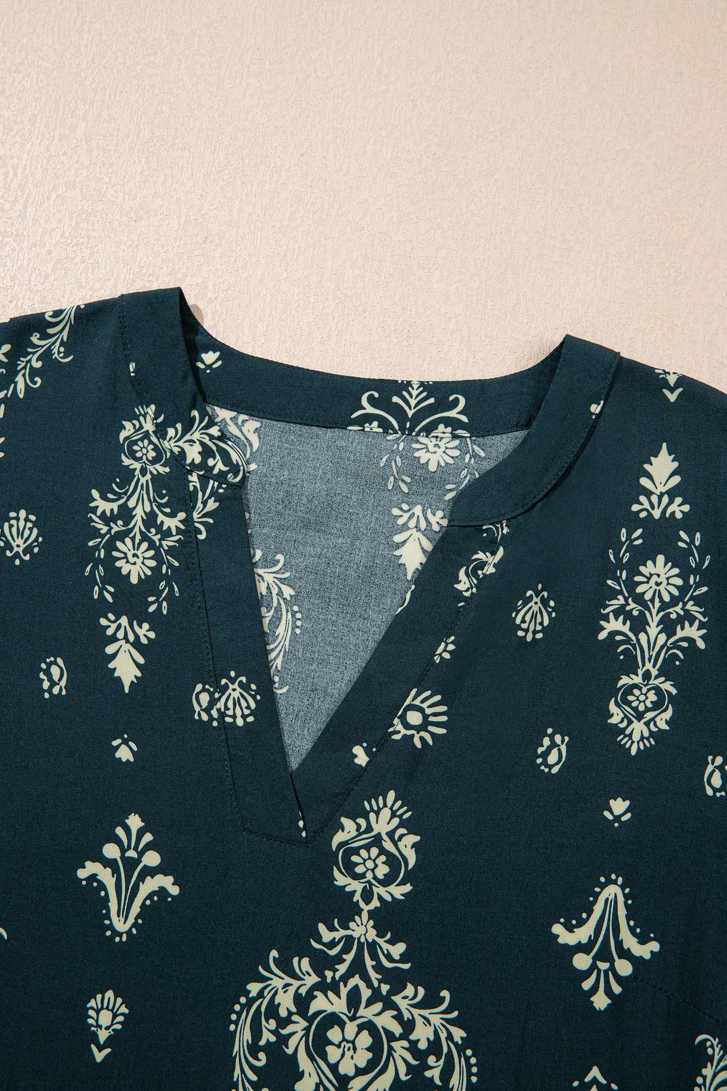 Blue Boho Floral Print Lettuce Trim 3/4 Sleeve Mini Dress