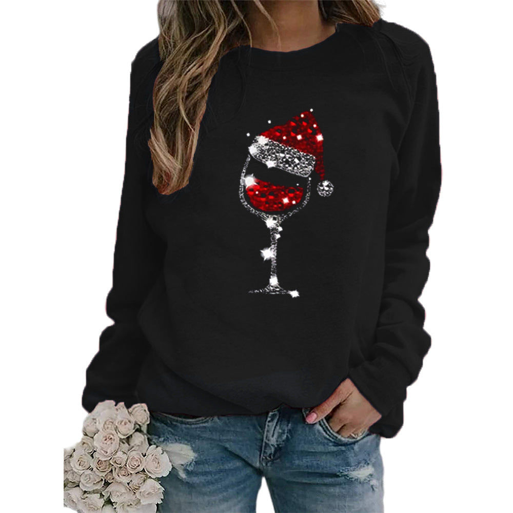 Clothing Christmas Women's Sweater Christmas Hat Red Wine Glass Graphic Print Crew Neck Long-sleeved Sweater