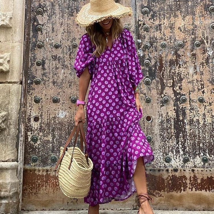 Geometric Print Puff Sleeve Dress Plus Size Women's Clothing