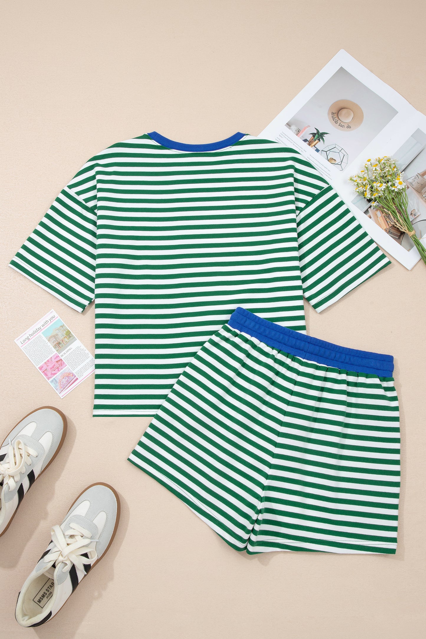 Rose Stripe Drop Shoulder Boxy Casual Terry Short Set