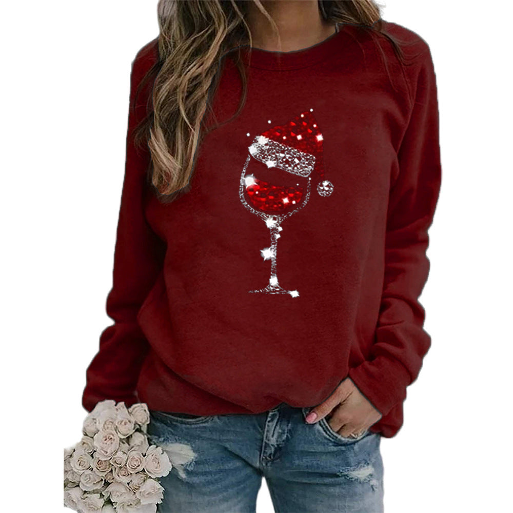 Clothing Christmas Women's Sweater Christmas Hat Red Wine Glass Graphic Print Crew Neck Long-sleeved Sweater