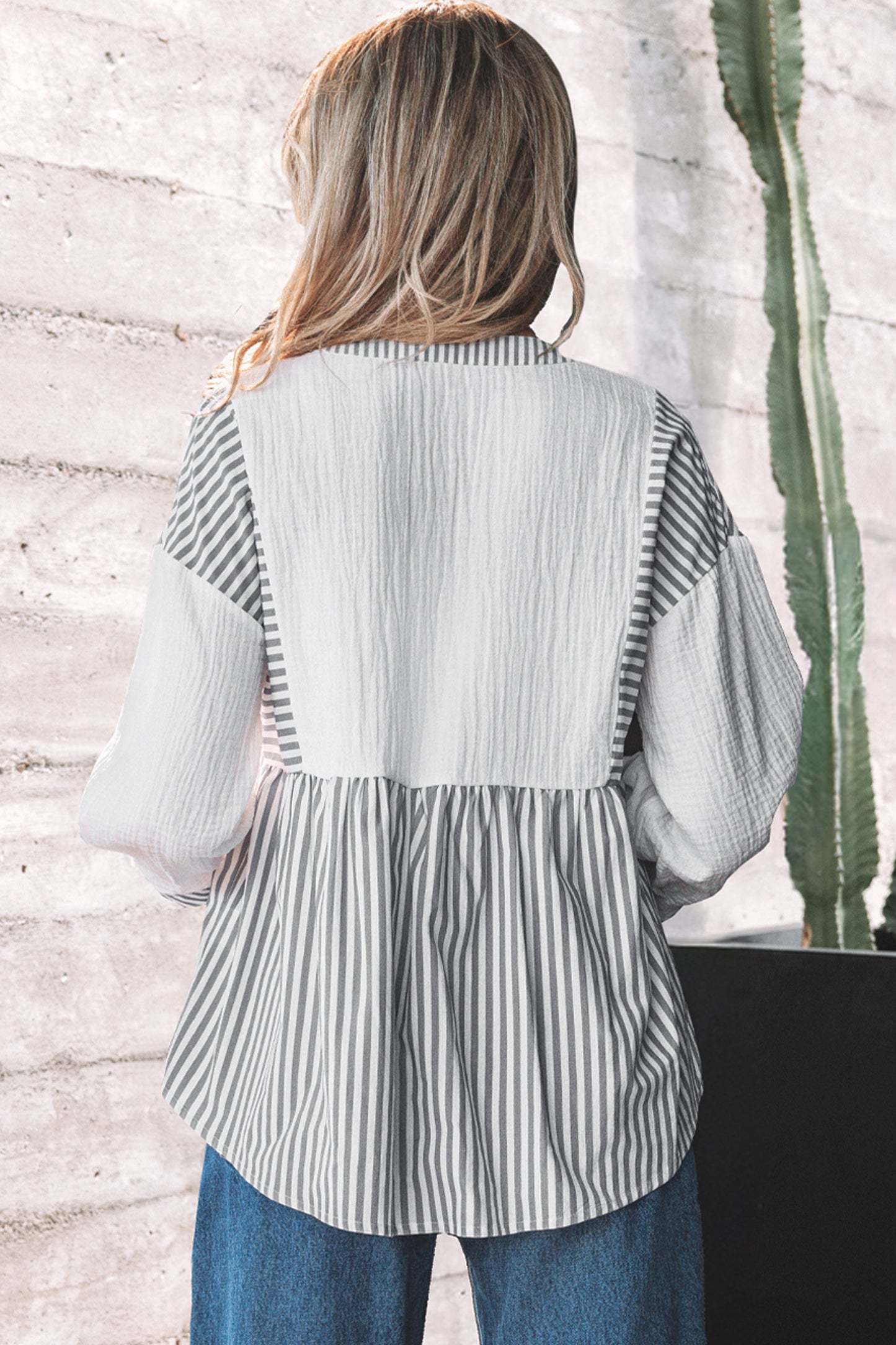Gray Stripe Half Button Gauze Patchwork Bracelet Sleeve Babydoll Blouse