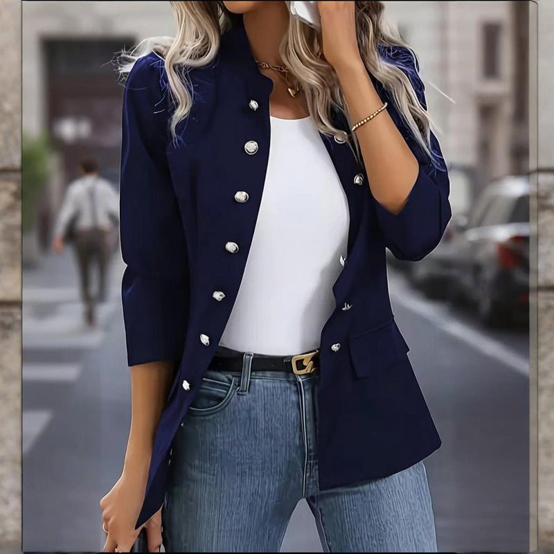 Women's Solid Color Stand Collar Double Breasted Long Sleeve Cardigan Office Casual Jacket For Spring&Fall