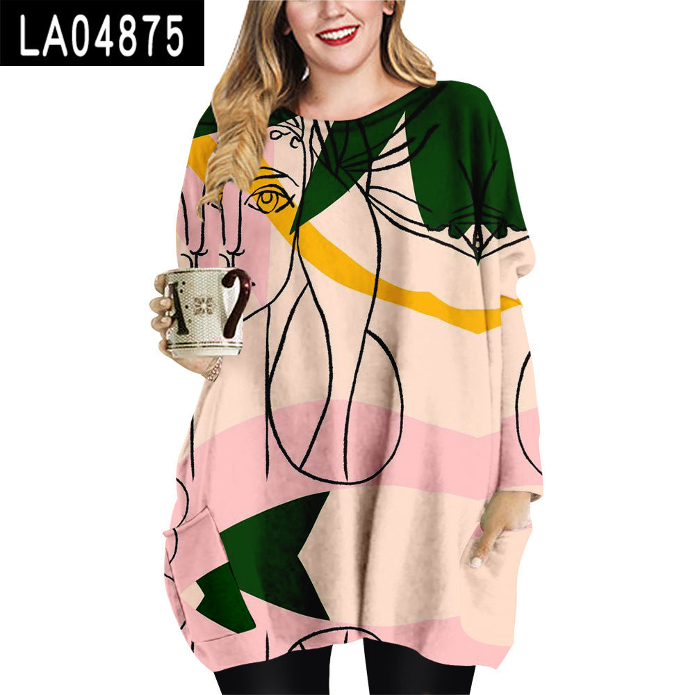 Abstract Face Plus Size Women's Clothing Crew Neck Casual Loose Dress