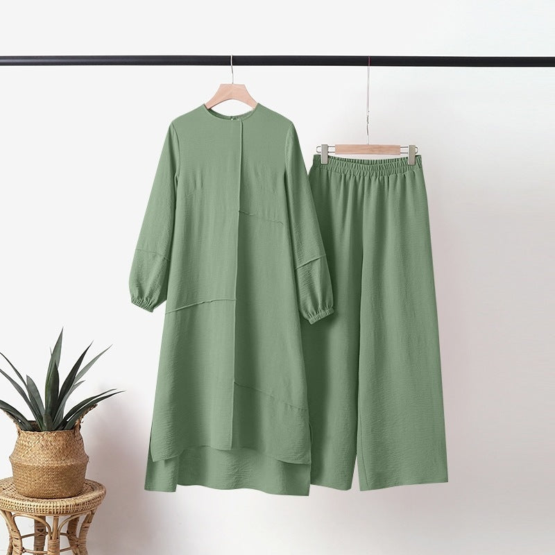 Plus Size Women's Solid Color Shirt Round Neck Elastic Cuff Top With Asymmetrical Hem & Wide-Leg Pants Set