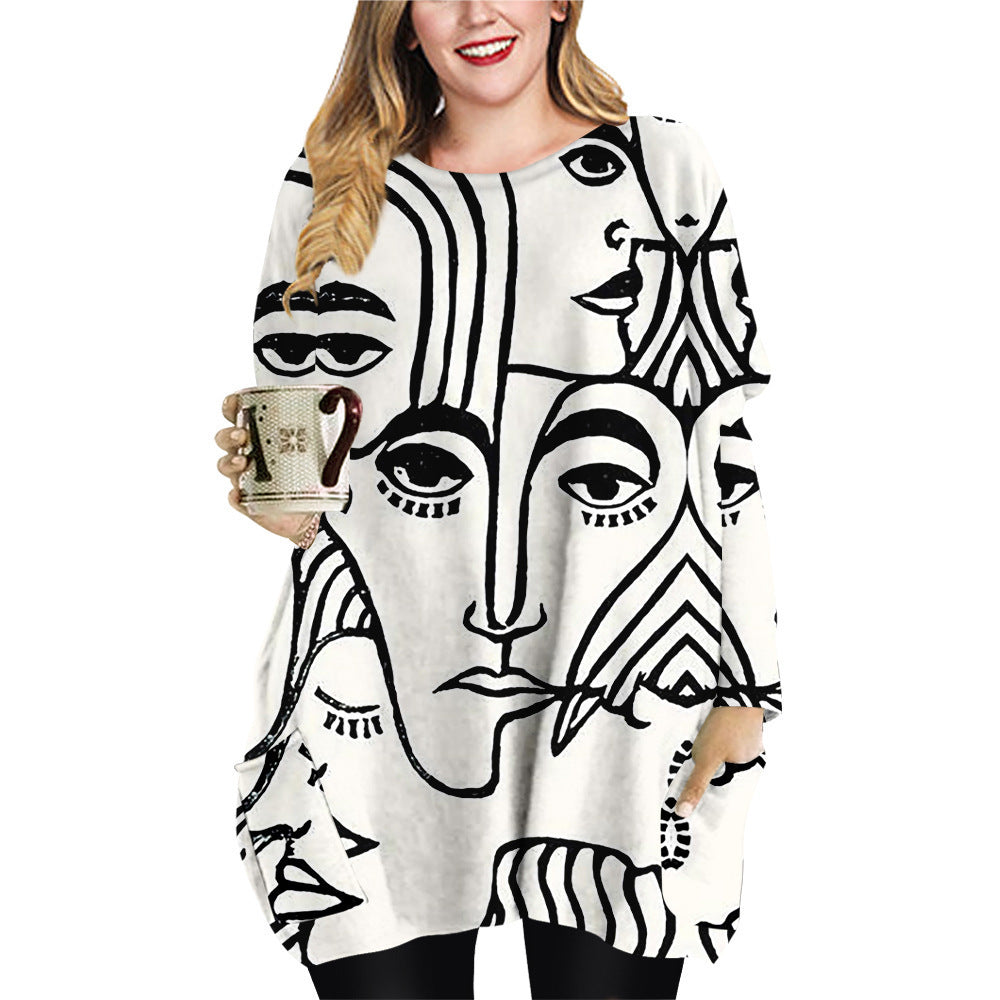 Abstract Face Plus Size Women's Clothing Crew Neck Casual Loose Dress