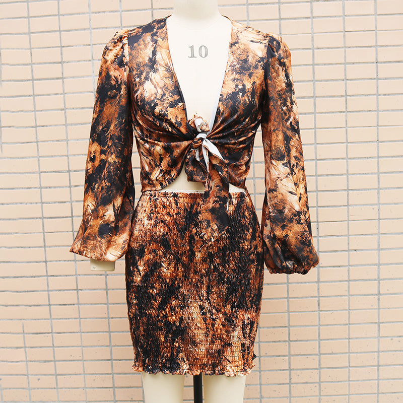 Women's 2 Piece Outfits Tie Knot Front Long Sleeve Crop Top And Mini Skirt Set