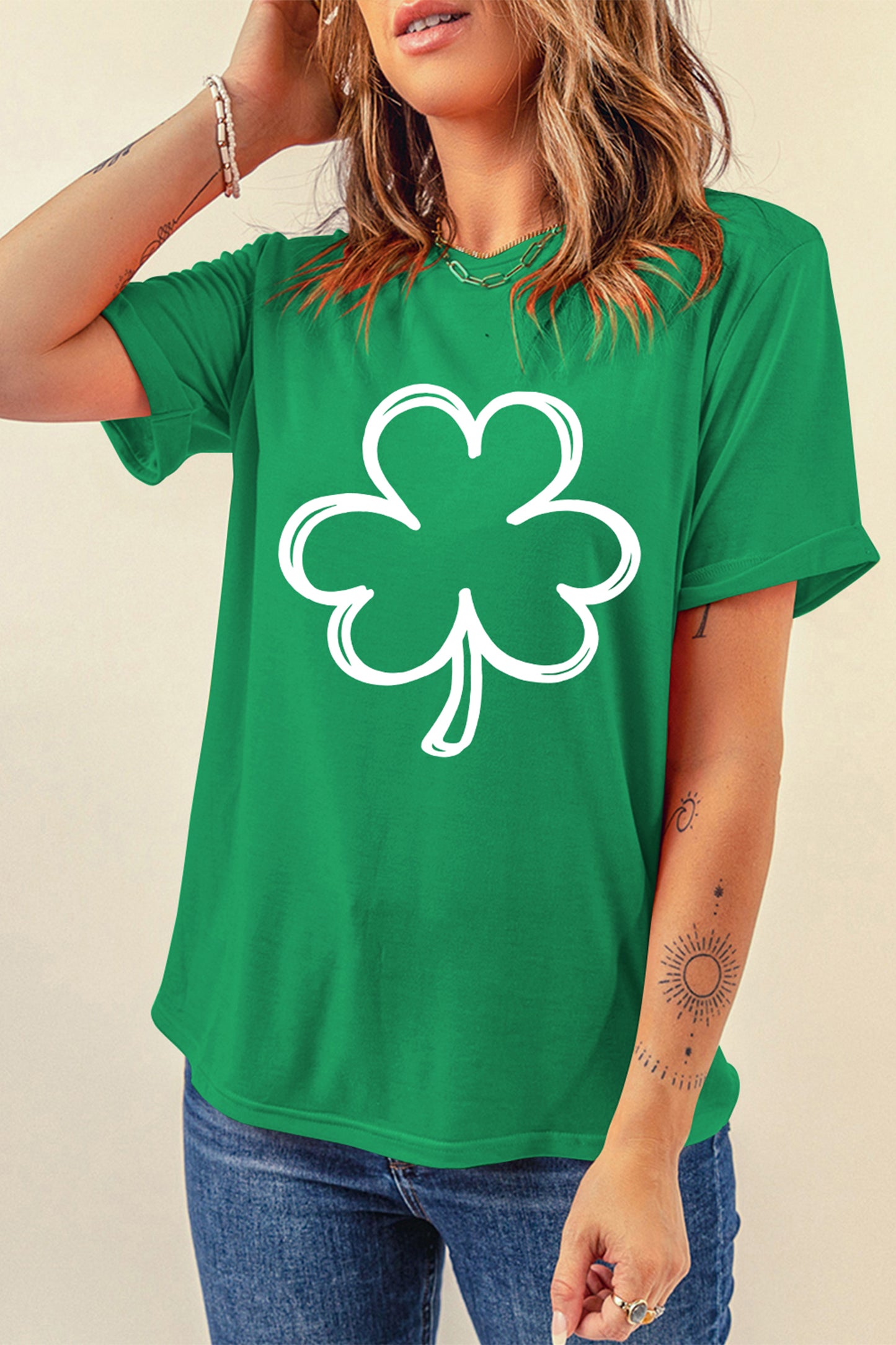 Bright Green St Patricks Day Lucky Shamrock Printed Casual Tee