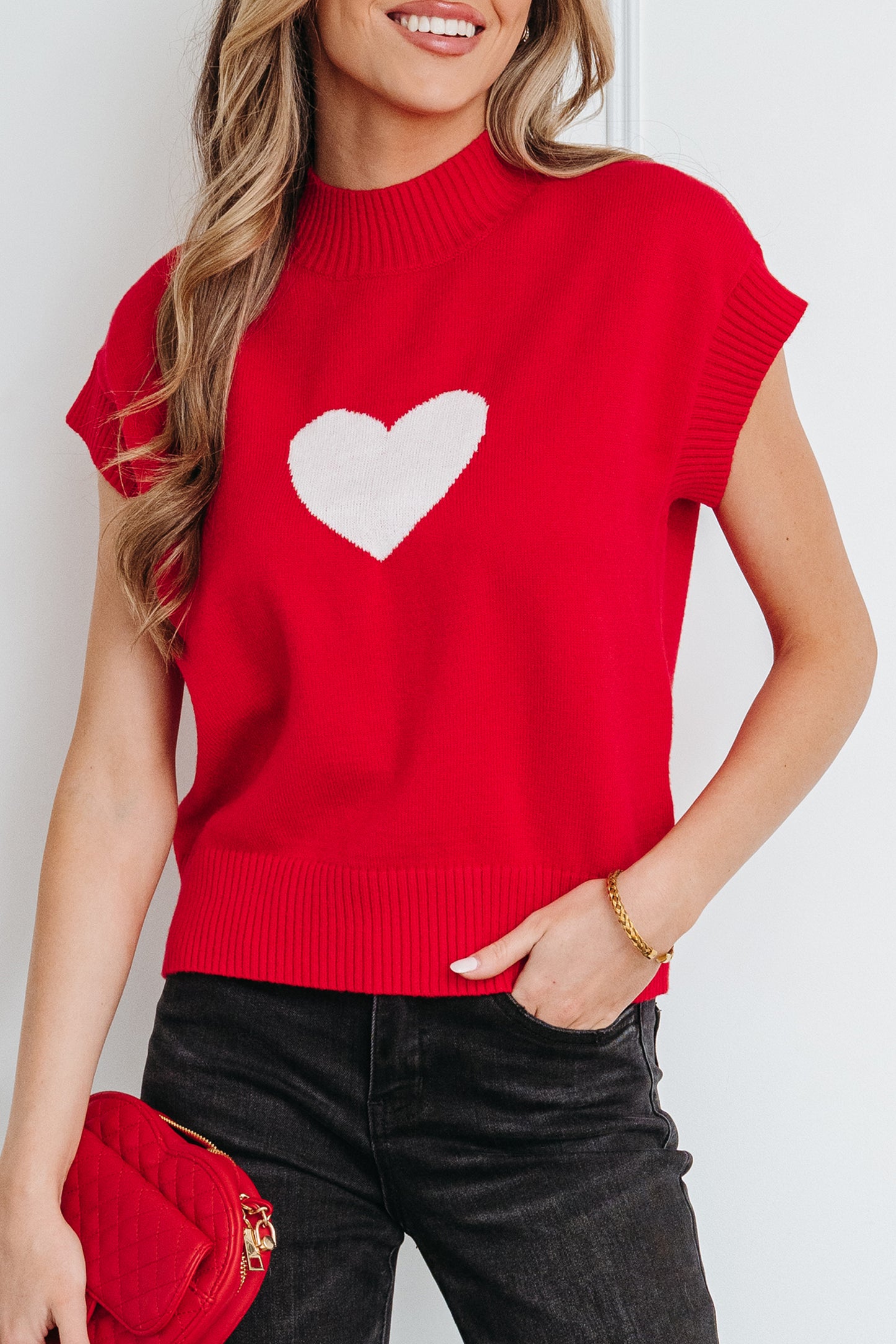 Pink Valentine Heart Graphic Cropped Short Sleeve Sweater