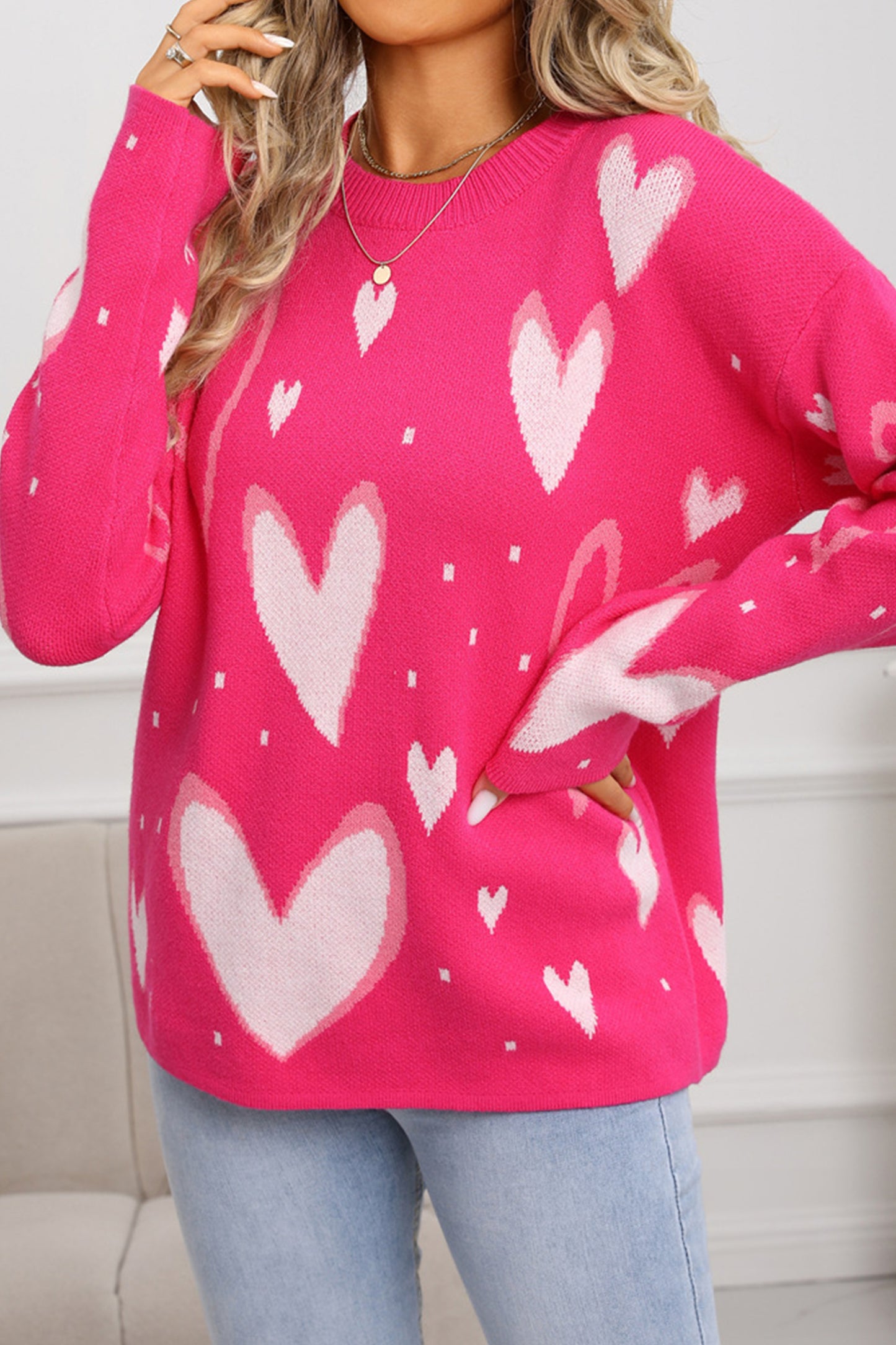 Rose Red Splendid Heart Print Sweater