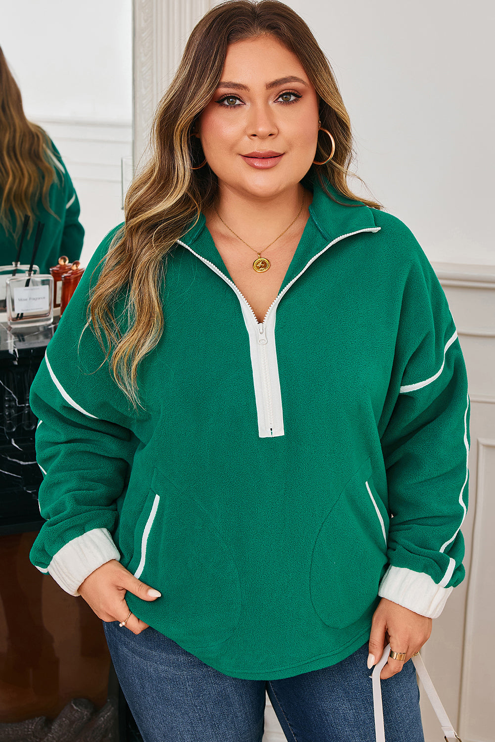 Dark Green Half Zip Contrast Trim Pocketed Plus Size Fleece Sweatshirt
