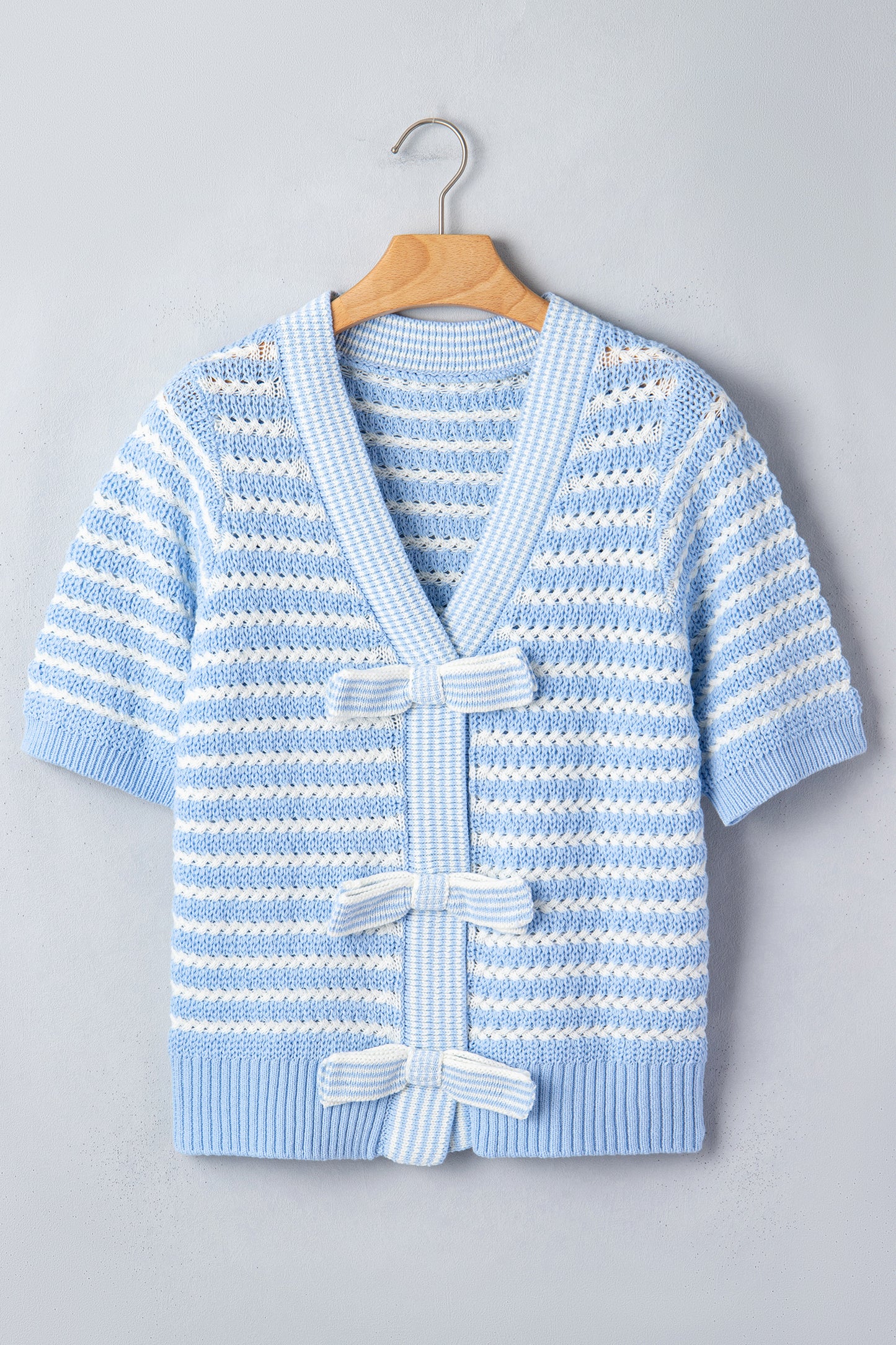 Sky Blue Stripe Short Sleeve Knit V Neck Bow Knot Sweater