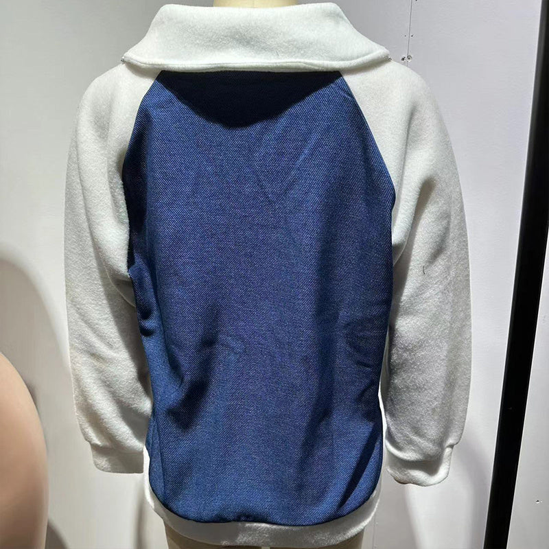 Women's Denim Patchwork Zip-Up Jacket Stand Collar Casual Coat With Button-Decorated Flap Pockets Fall Winter Fashion Outerwear