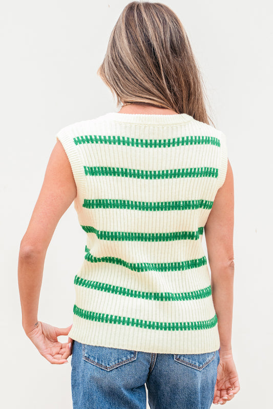 Bright Green Striped Round Neck Casual Sweater Vest